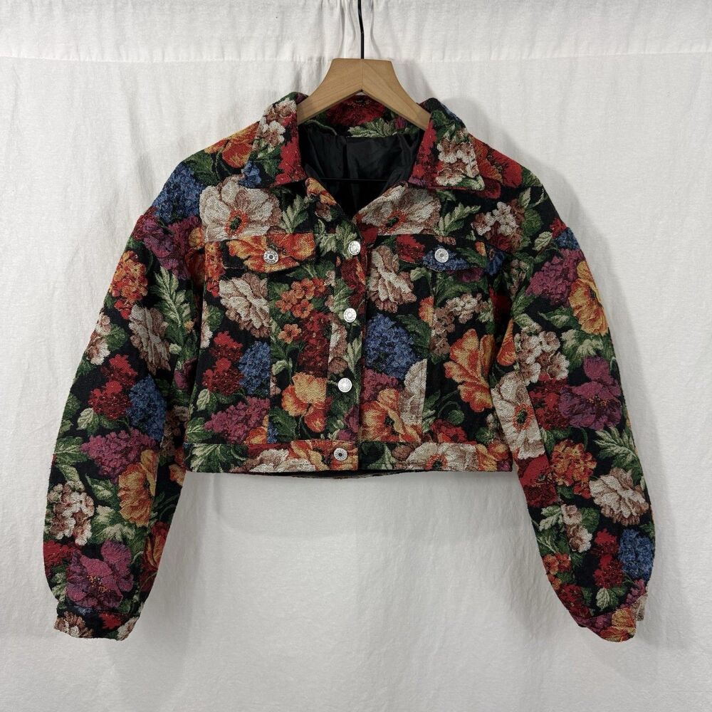 Unbranded Women’s Sz M Cropped Floral Tapestry Bomber Jacket Cottagecore